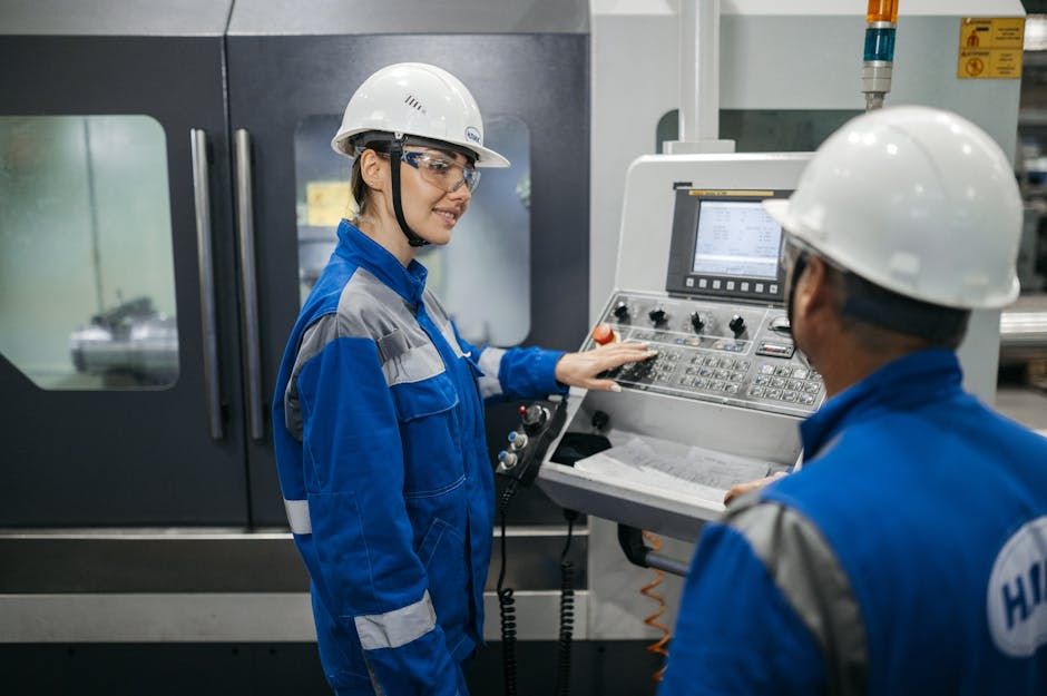 Two industrial workers in protective gear operate a machine in a Russian factory setting.