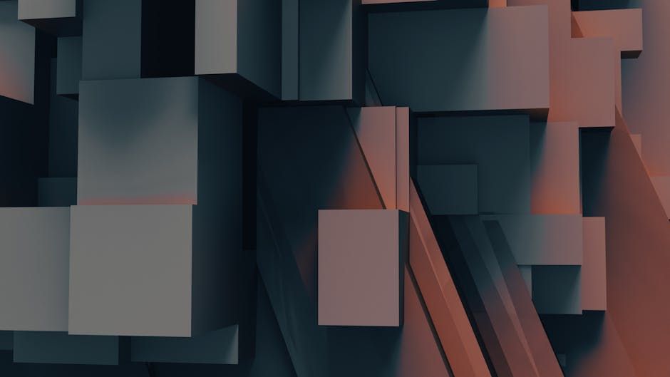 Abstract composition of interlocking geometric cubes with subtle lighting and shadows.